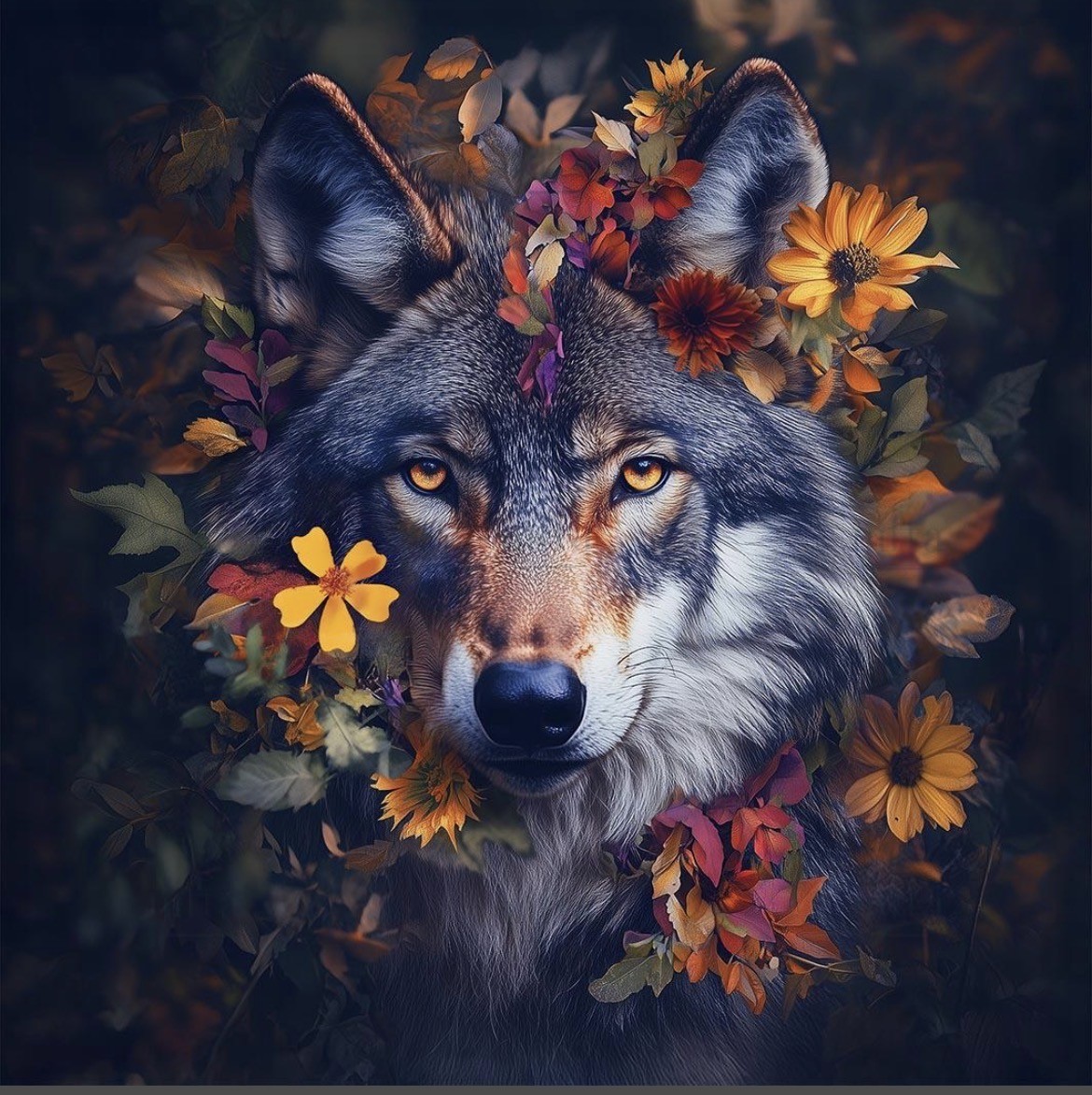 Carré velours- loup fleurs